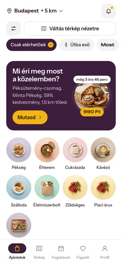 A Mors kezdőképernyője közeli ételmentő ajánlatokkal és kategóriákkal: pékség, étterem, cukrászda, kávézó, zöldséges, piaci árus