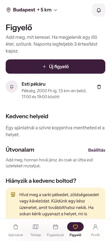 A Mors Figyelő képernyője: Esti pékáru figyelő pékségre, 2000 forintig, 1,5 km-en belül, 17 és 19 óra között